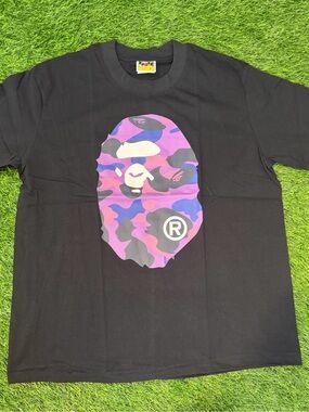 Bape Black Tee with Pink & Purple Camo Ape Head